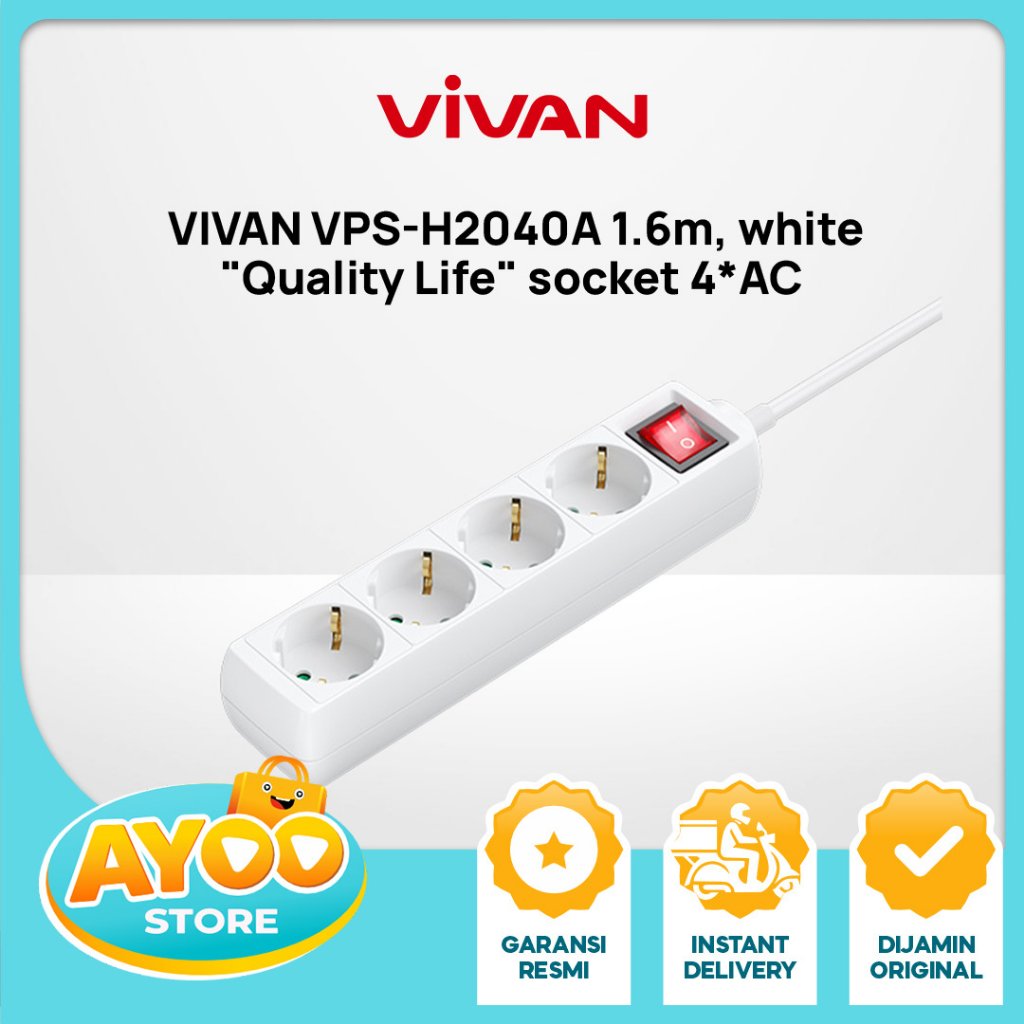 Vivan Stop Kontak VPS-H2040A 1.6m, White socket 4 Lubang, Main Switch Control [10037539]