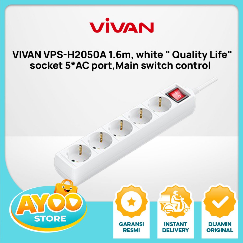 VIVAN Stop Kontak  VPS-H2050A 1.6m, White socket 5 Lubang, Main Switch Control [10037540]